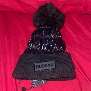 RUDSAK Shiny Black Beanie with Pom-Pom